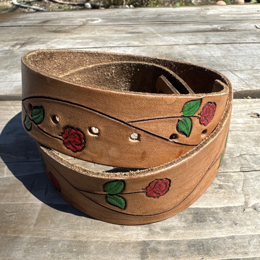 Red Rose Hand painted and Tooled Brown Leather Belt Small Size 33” NO BUCKLE
